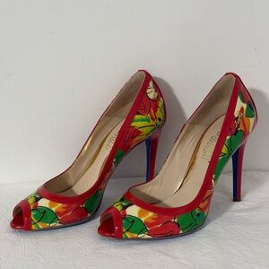 Colorful Floral Peep-Toe Leather Heels